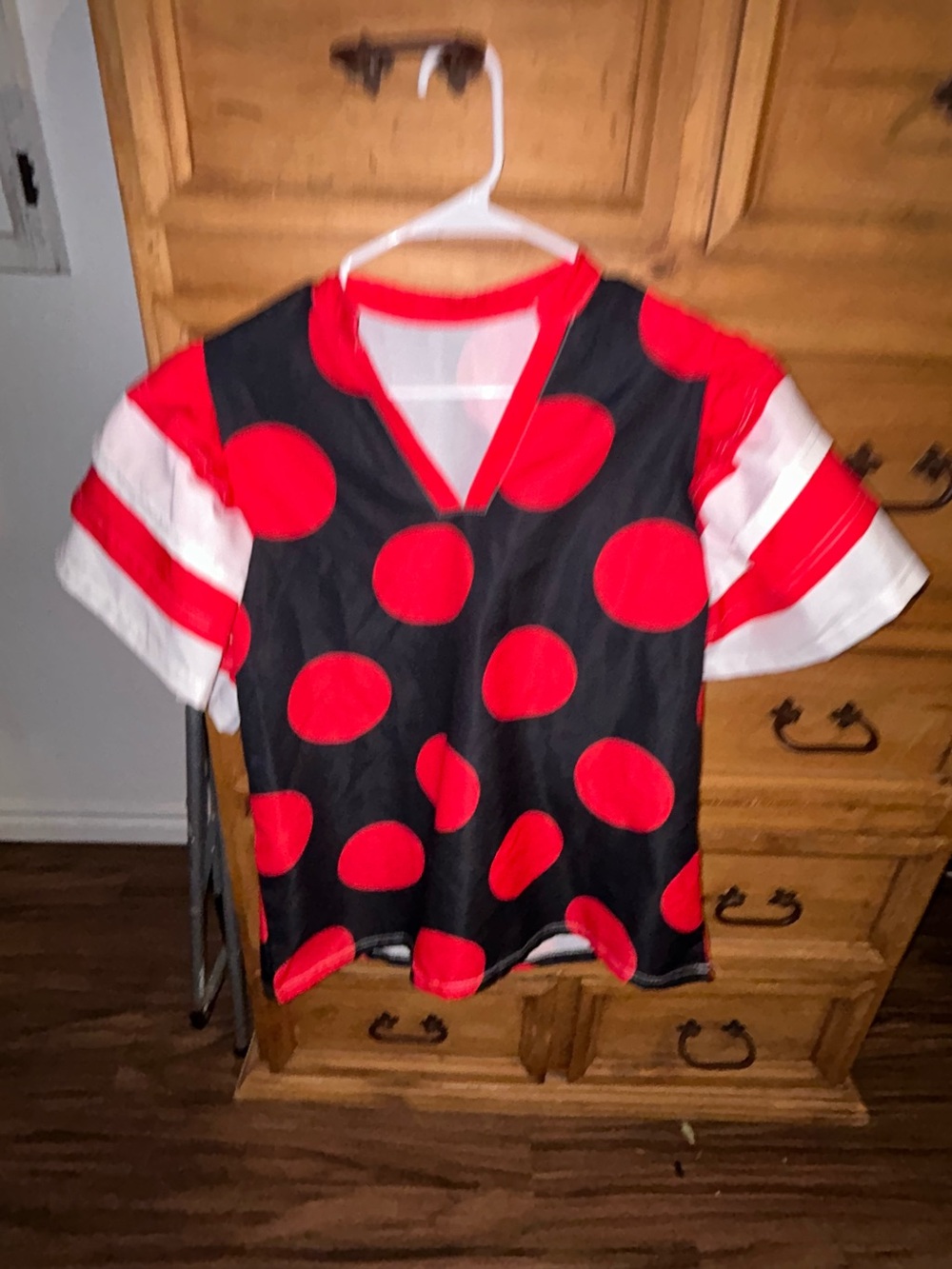 SHEIN Black Top with Red Polka Dots and White Sleeve Stripes